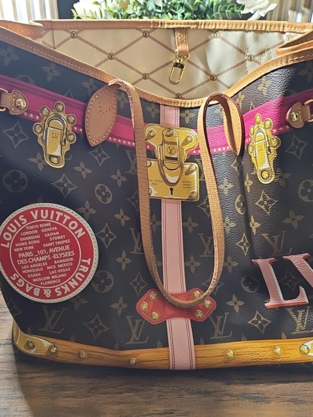 Louis Vuitton Neverfull MM Limited Edition Summer Trunks 2018 + Pouch + Entrupy
